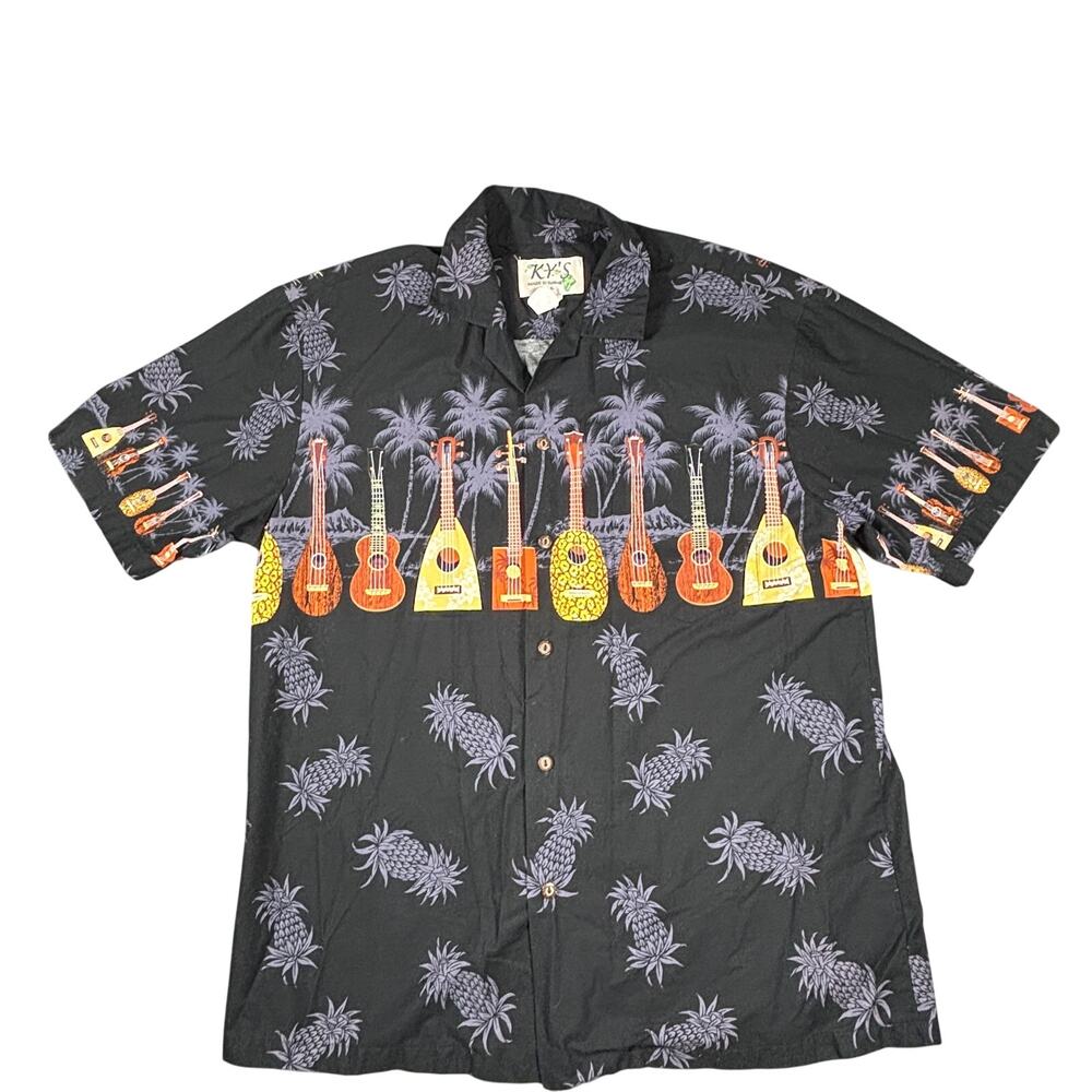Vintage KY'S Hawaiian Shirt Men L Black Ukulele Pineapple Aloha Camp Made in USA